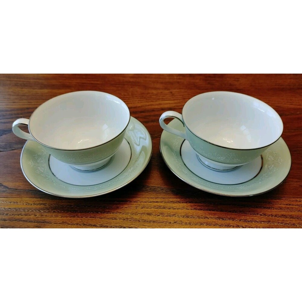 2 Noritake Maureen Cup And Saucer Sets 6728 Green Rim White Silver Trim Japan - Picture 2 of 8
